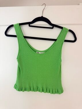 Zara Bright Green Ribbed Tank with Ruffle Hem